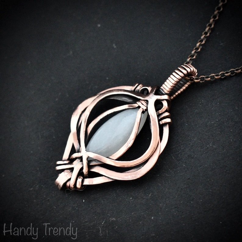 White moonstone pendant, Free-Flow copper wire wrapped necklace, Unique handmade gift, One of a kind artisan boho jewelry