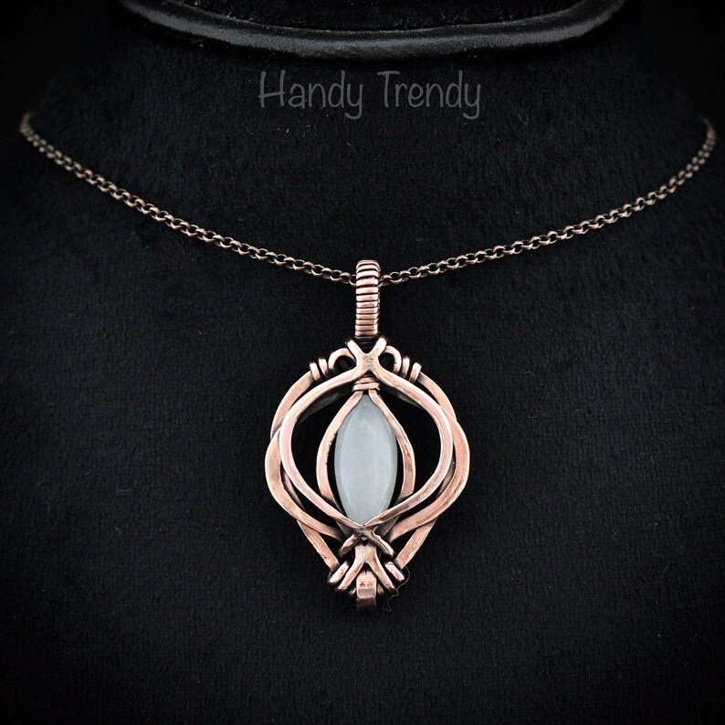White moonstone pendant, Free-Flow copper wire wrapped necklace, Unique handmade gift, One of a kind artisan boho jewelry