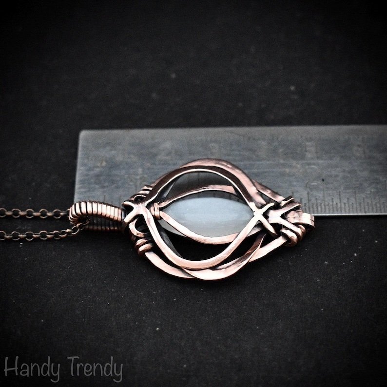 White moonstone pendant, Free-Flow copper wire wrapped necklace, Unique handmade gift, One of a kind artisan boho jewelry