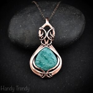 Amazonite pendant, Curly cage copper wire wrapped necklace, Unique handmade gift, One of a kind artisan boho jewelry