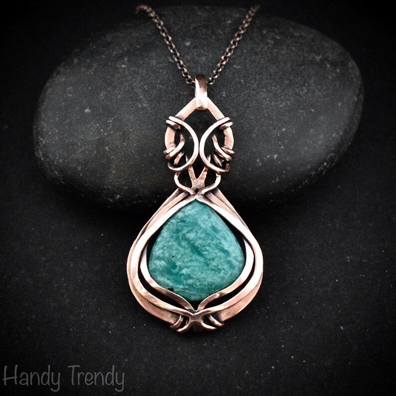 Amazonite pendant, Curly cage copper wire wrapped necklace, Unique handmade gift, One of a kind artisan boho jewelry