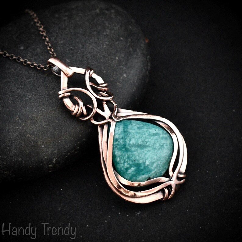 Amazonite pendant, Curly cage copper wire wrapped necklace, Unique handmade gift, One of a kind artisan boho jewelry