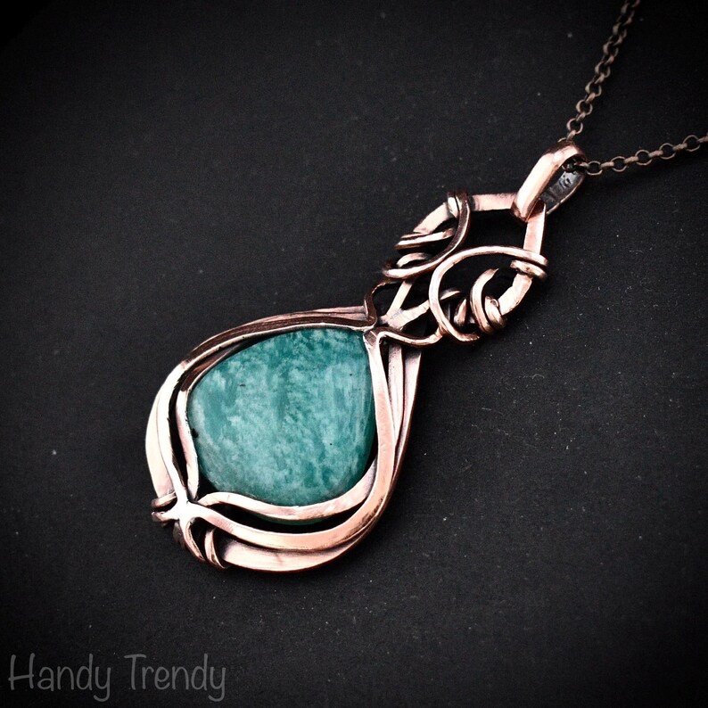 Amazonite pendant, Curly cage copper wire wrapped necklace, Unique handmade gift, One of a kind artisan boho jewelry