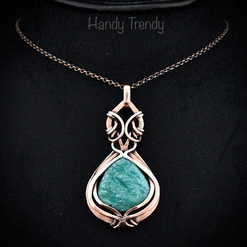 Amazonite pendant, Curly cage copper wire wrapped necklace, Unique handmade gift, One of a kind artisan boho jewelry