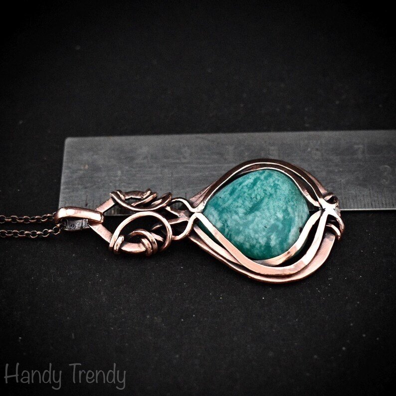 Amazonite pendant, Curly cage copper wire wrapped necklace, Unique handmade gift, One of a kind artisan boho jewelry