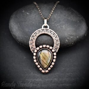 Green labradorite drop wheel pendant, Copper wire wrapped necklace, Unique handmade gift, Artisan jewelry, One of a kind statement piece