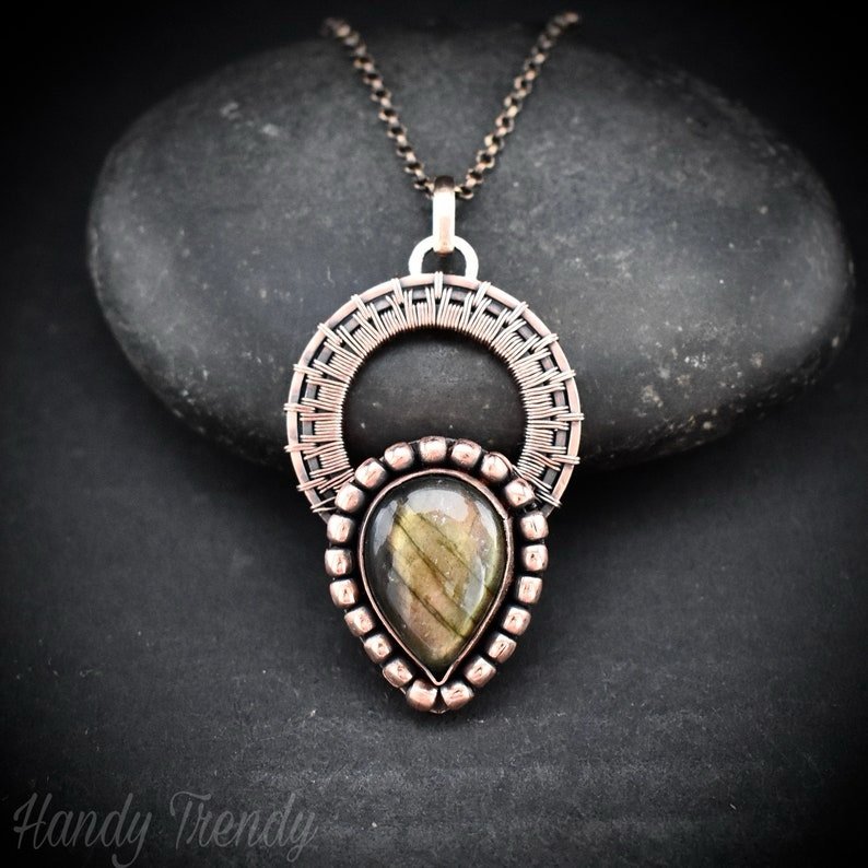 Green labradorite drop wheel pendant, Copper wire wrapped necklace, Unique handmade gift, Artisan jewelry, One of a kind statement piece