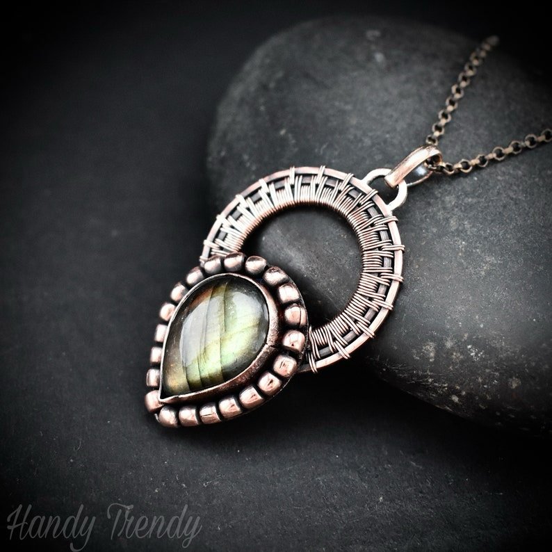 Green labradorite drop wheel pendant, Copper wire wrapped necklace, Unique handmade gift, Artisan jewelry, One of a kind statement piece