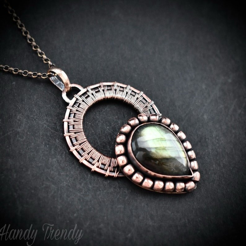 Green labradorite drop wheel pendant, Copper wire wrapped necklace, Unique handmade gift, Artisan jewelry, One of a kind statement piece