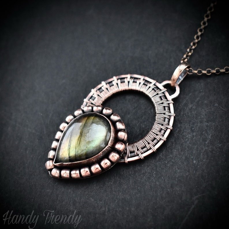 Green labradorite drop wheel pendant, Copper wire wrapped necklace, Unique handmade gift, Artisan jewelry, One of a kind statement piece