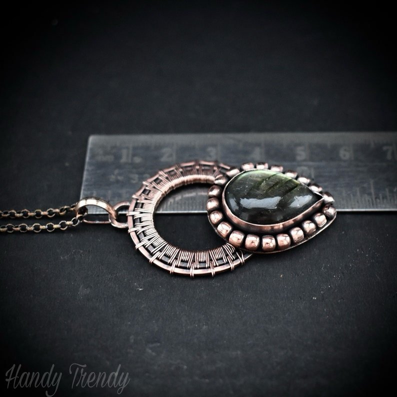 Green labradorite drop wheel pendant, Copper wire wrapped necklace, Unique handmade gift, Artisan jewelry, One of a kind statement piece