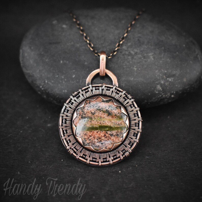 Unakite pendant, Copper endless wire wrapped necklace, Unique handmade gift, One of a kind Artisan jewelry