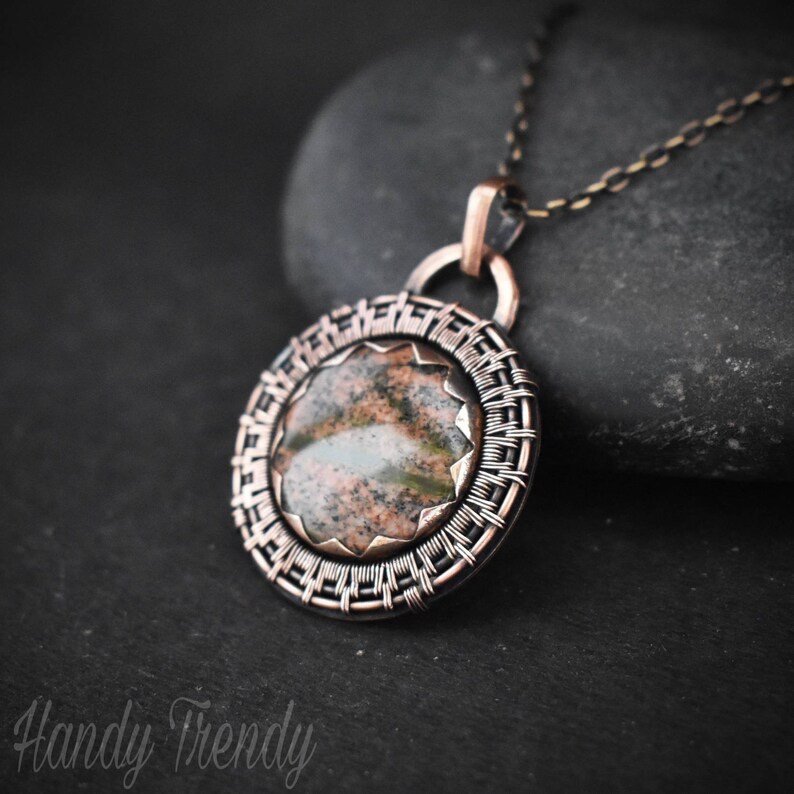 Unakite pendant, Copper endless wire wrapped necklace, Unique handmade gift, One of a kind Artisan jewelry