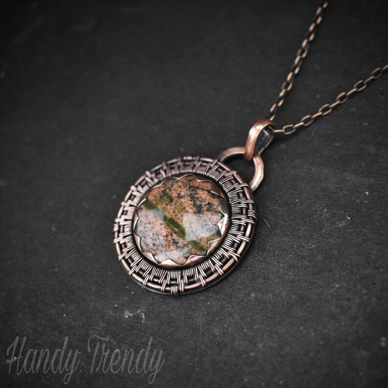 Unakite pendant, Copper endless wire wrapped necklace, Unique handmade gift, One of a kind Artisan jewelry