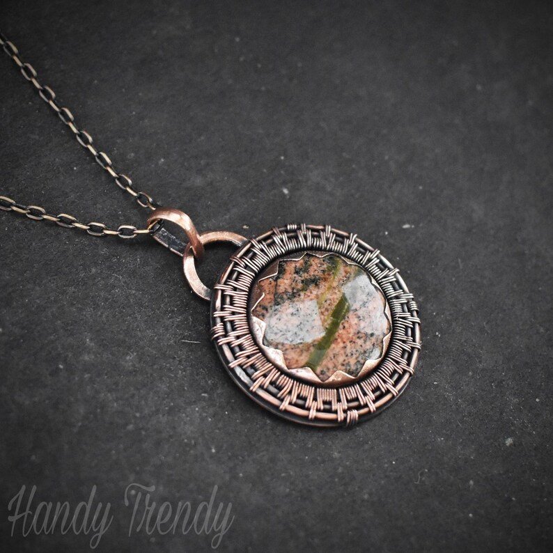 Unakite pendant, Copper endless wire wrapped necklace, Unique handmade gift, One of a kind Artisan jewelry