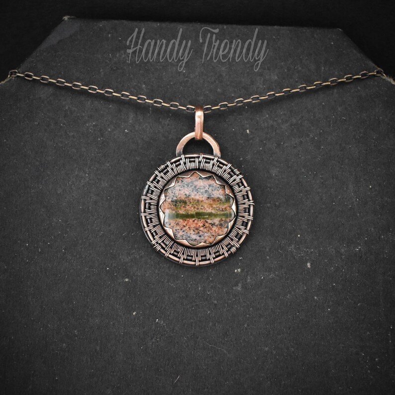 Unakite pendant, Copper endless wire wrapped necklace, Unique handmade gift, One of a kind Artisan jewelry