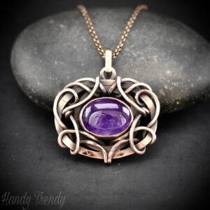 Amethyst pendant, Free flow copper wire wrapped necklace, Unique handmade gift, One of a kind jewelry, Artisan boho jewelry