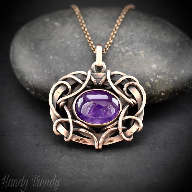Amethyst pendant, Free flow copper wire wrapped necklace, Unique handmade gift, One of a kind jewelry, Artisan boho jewelry