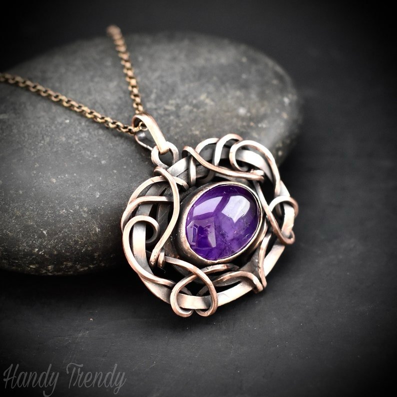 Amethyst pendant, Free flow copper wire wrapped necklace, Unique handmade gift, One of a kind jewelry, Artisan boho jewelry