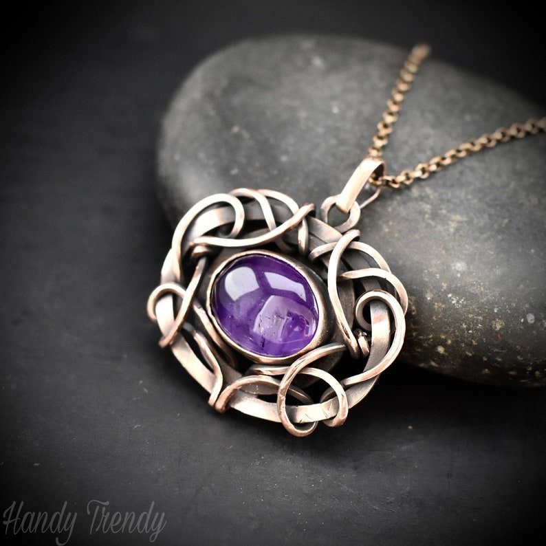 Amethyst pendant, Free flow copper wire wrapped necklace, Unique handmade gift, One of a kind jewelry, Artisan boho jewelry