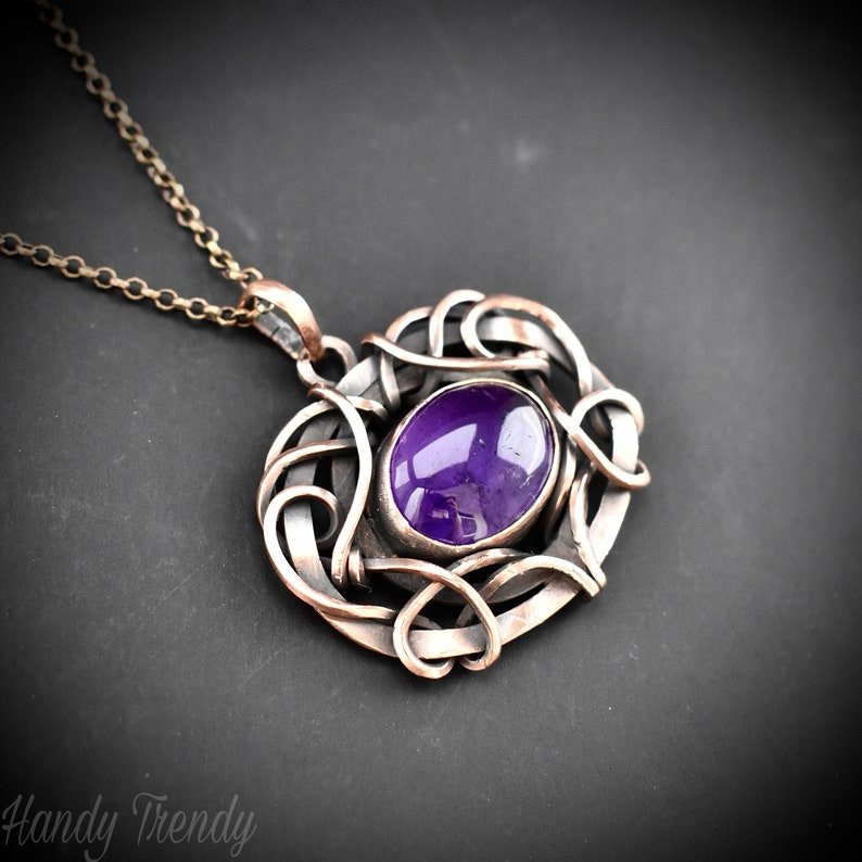 Amethyst pendant, Free flow copper wire wrapped necklace, Unique handmade gift, One of a kind jewelry, Artisan boho jewelry