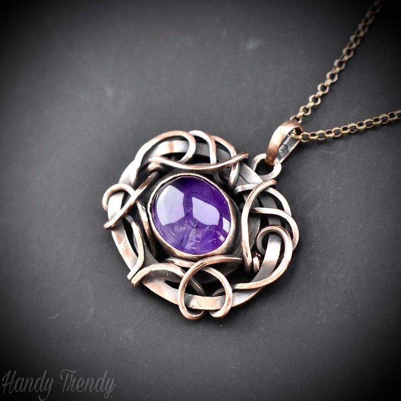 Amethyst pendant, Free flow copper wire wrapped necklace, Unique handmade gift, One of a kind jewelry, Artisan boho jewelry