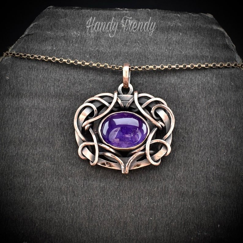 Amethyst pendant, Free flow copper wire wrapped necklace, Unique handmade gift, One of a kind jewelry, Artisan boho jewelry