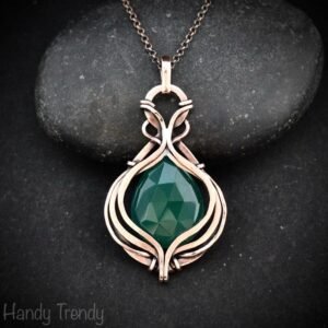 Green onyx pendant, Curly cage copper wire wrapped necklace, Unique handmade gift, One of a kind artisan boho jewelry