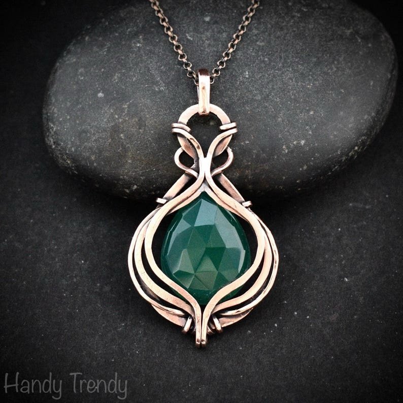 Green onyx pendant, Curly cage copper wire wrapped necklace, Unique handmade gift, One of a kind artisan boho jewelry