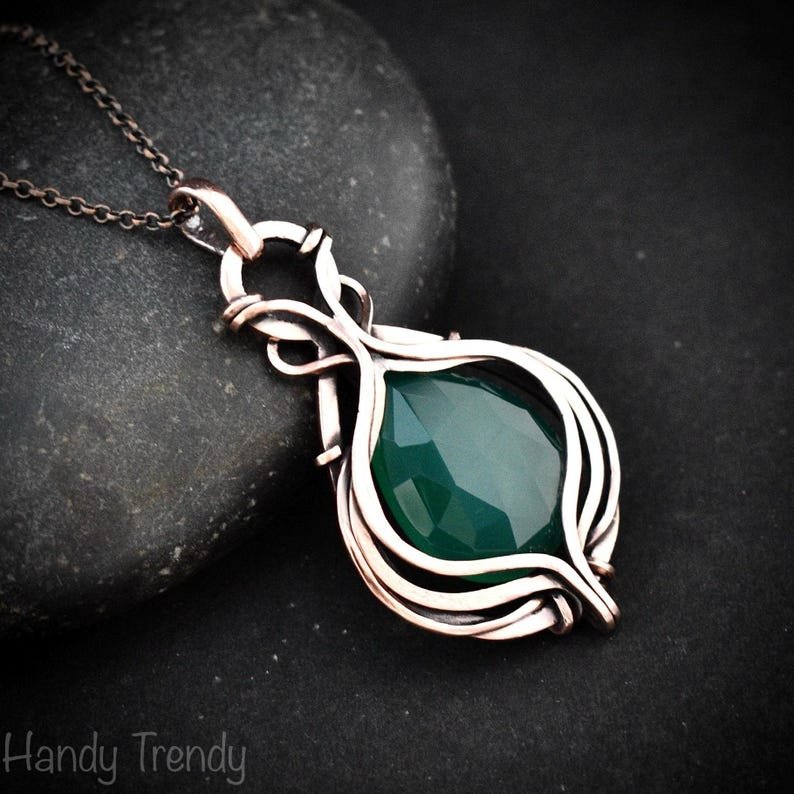 Green onyx pendant, Curly cage copper wire wrapped necklace, Unique handmade gift, One of a kind artisan boho jewelry