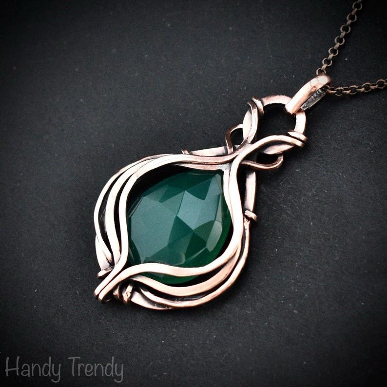 Green onyx pendant, Curly cage copper wire wrapped necklace, Unique handmade gift, One of a kind artisan boho jewelry