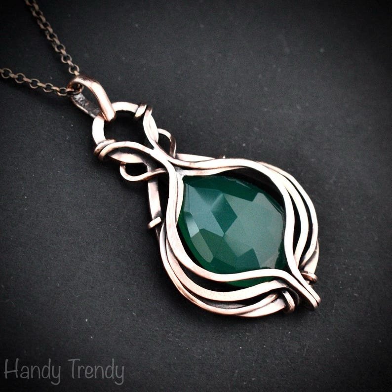 Green onyx pendant, Curly cage copper wire wrapped necklace, Unique handmade gift, One of a kind artisan boho jewelry