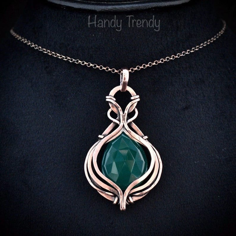 Green onyx pendant, Curly cage copper wire wrapped necklace, Unique handmade gift, One of a kind artisan boho jewelry