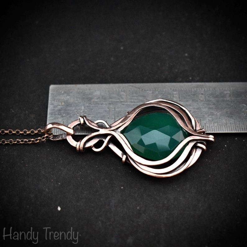 Green onyx pendant, Curly cage copper wire wrapped necklace, Unique handmade gift, One of a kind artisan boho jewelry