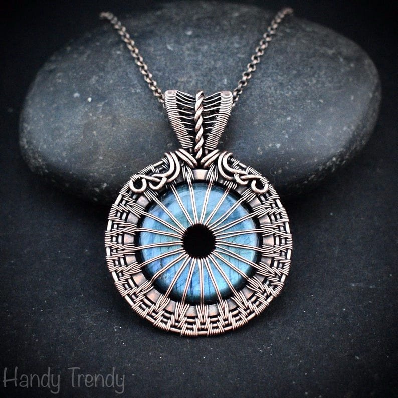Blue flash labradorite donut eye ball pendant, Copper wire wrapped jewelry, Unique handmade gift, Artisan Statement necklace