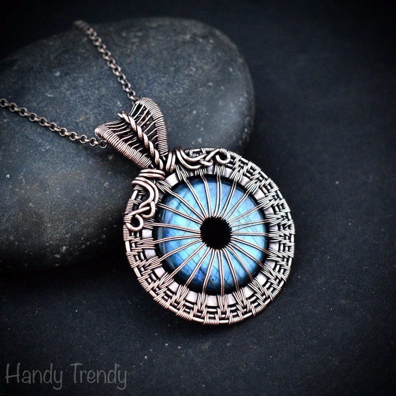 Blue flash labradorite donut eye ball pendant, Copper wire wrapped jewelry, Unique handmade gift, Artisan Statement necklace