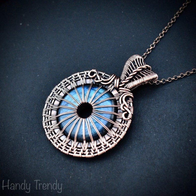 Blue flash labradorite donut eye ball pendant, Copper wire wrapped jewelry, Unique handmade gift, Artisan Statement necklace