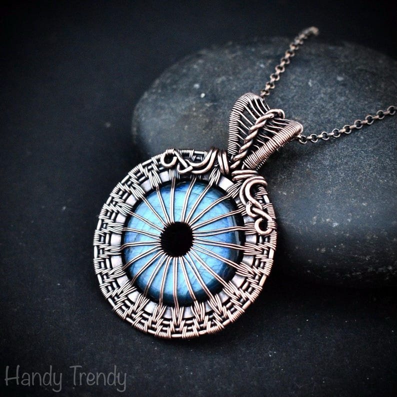 Blue flash labradorite donut eye ball pendant, Copper wire wrapped jewelry, Unique handmade gift, Artisan Statement necklace