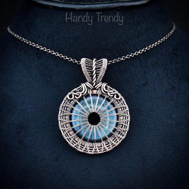 Blue flash labradorite donut eye ball pendant, Copper wire wrapped jewelry, Unique handmade gift, Artisan Statement necklace