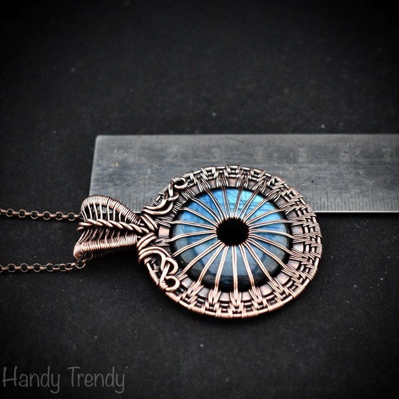 Blue flash labradorite donut eye ball pendant, Copper wire wrapped jewelry, Unique handmade gift, Artisan Statement necklace