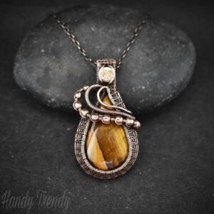 Tiger eye and Champagne CZ stone pendant, Copper wire wrapped jewelry, Unique handmade , Artisan boho necklace, One of a kind