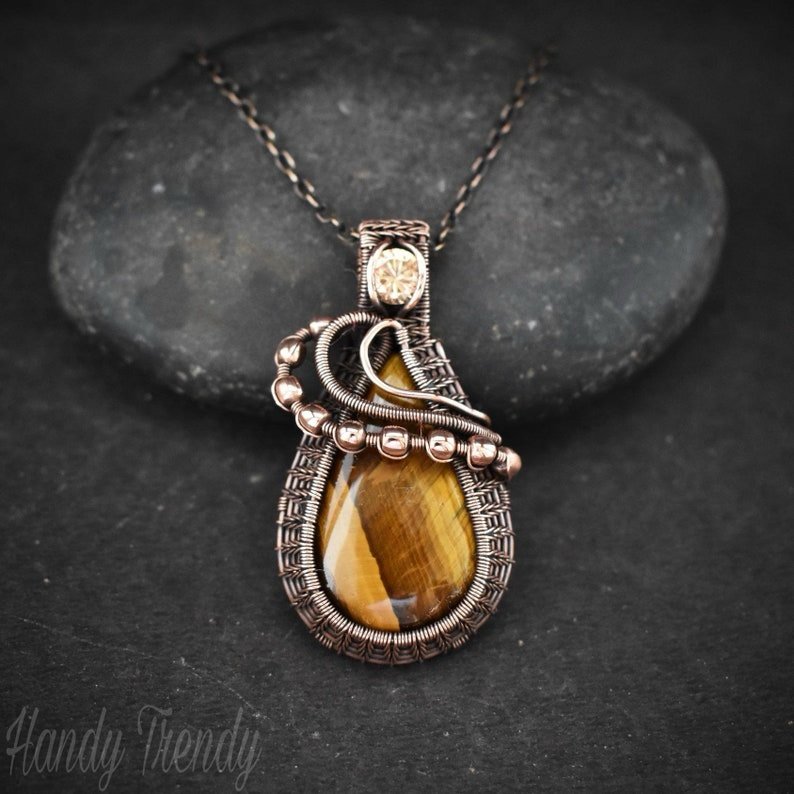 Tiger eye and Champagne CZ stone pendant, Copper wire wrapped jewelry, Unique handmade , Artisan boho necklace, One of a kind