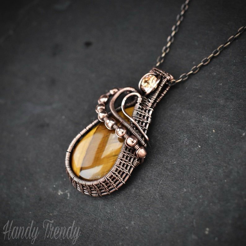 Tiger eye and Champagne CZ stone pendant, Copper wire wrapped jewelry, Unique handmade , Artisan boho necklace, One of a kind