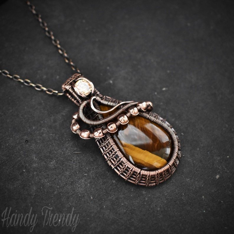 Tiger eye and Champagne CZ stone pendant, Copper wire wrapped jewelry, Unique handmade , Artisan boho necklace, One of a kind