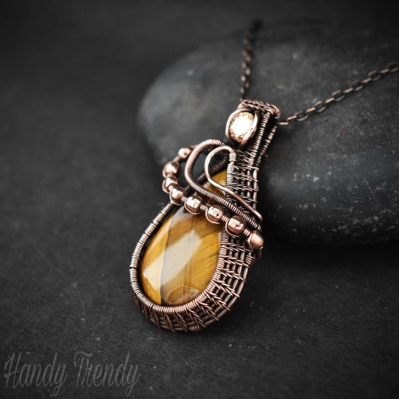 Tiger eye and Champagne CZ stone pendant, Copper wire wrapped jewelry, Unique handmade , Artisan boho necklace, One of a kind