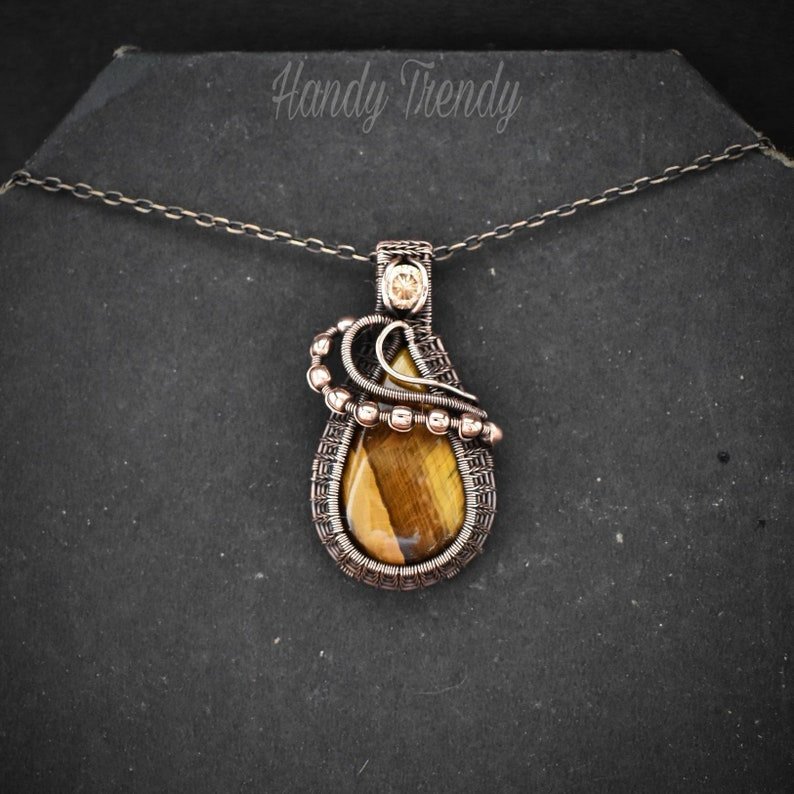 Tiger eye and Champagne CZ stone pendant, Copper wire wrapped jewelry, Unique handmade , Artisan boho necklace, One of a kind