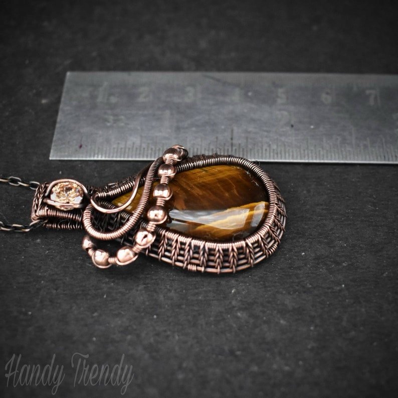Tiger eye and Champagne CZ stone pendant, Copper wire wrapped jewelry, Unique handmade , Artisan boho necklace, One of a kind