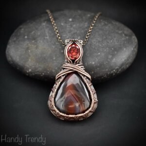 Botswana agate and Red CZ stone pendant, Copper wire wrapped jewelry, Unique handmade gift, One of a kind artisan boho necklace
