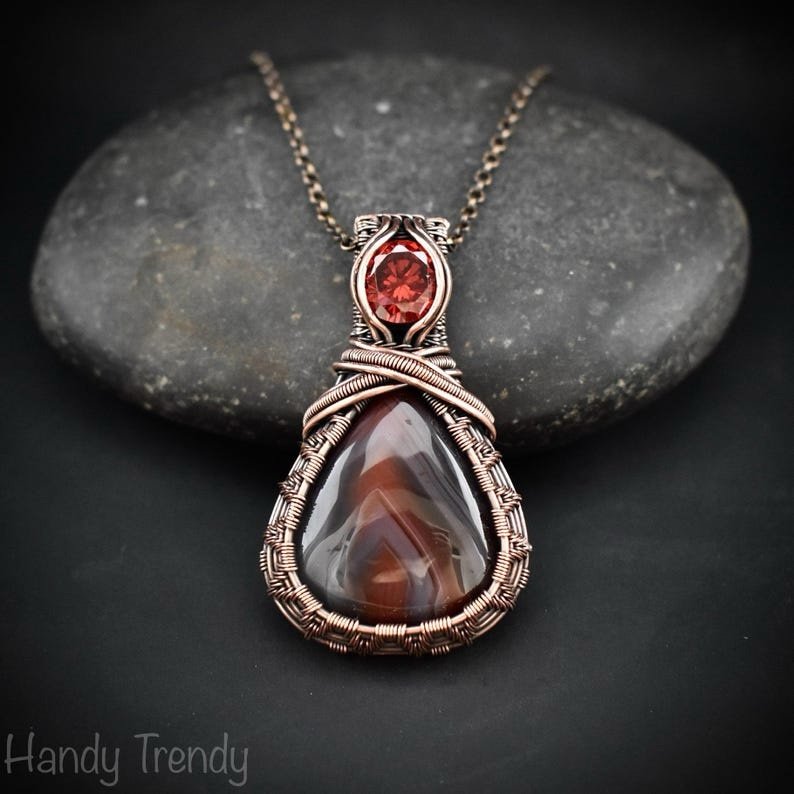 Botswana agate and Red CZ stone pendant, Copper wire wrapped jewelry, Unique handmade gift, One of a kind artisan boho necklace