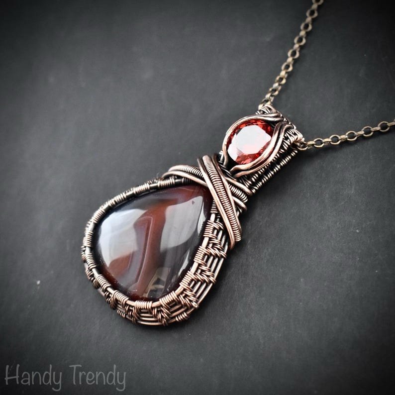 Botswana agate and Red CZ stone pendant, Copper wire wrapped jewelry, Unique handmade gift, One of a kind artisan boho necklace